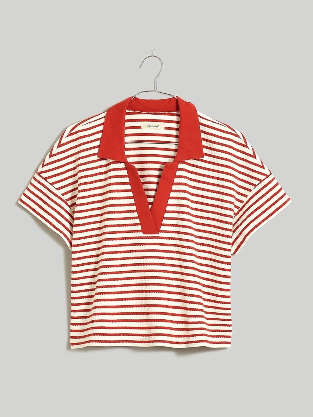 Madewell Red and Cream Striped V-Neck Polo - Picture 1 of 7